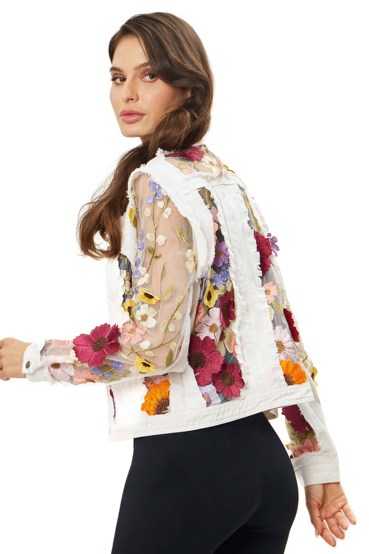 White Denim Jacket with Floral Embroidery: L