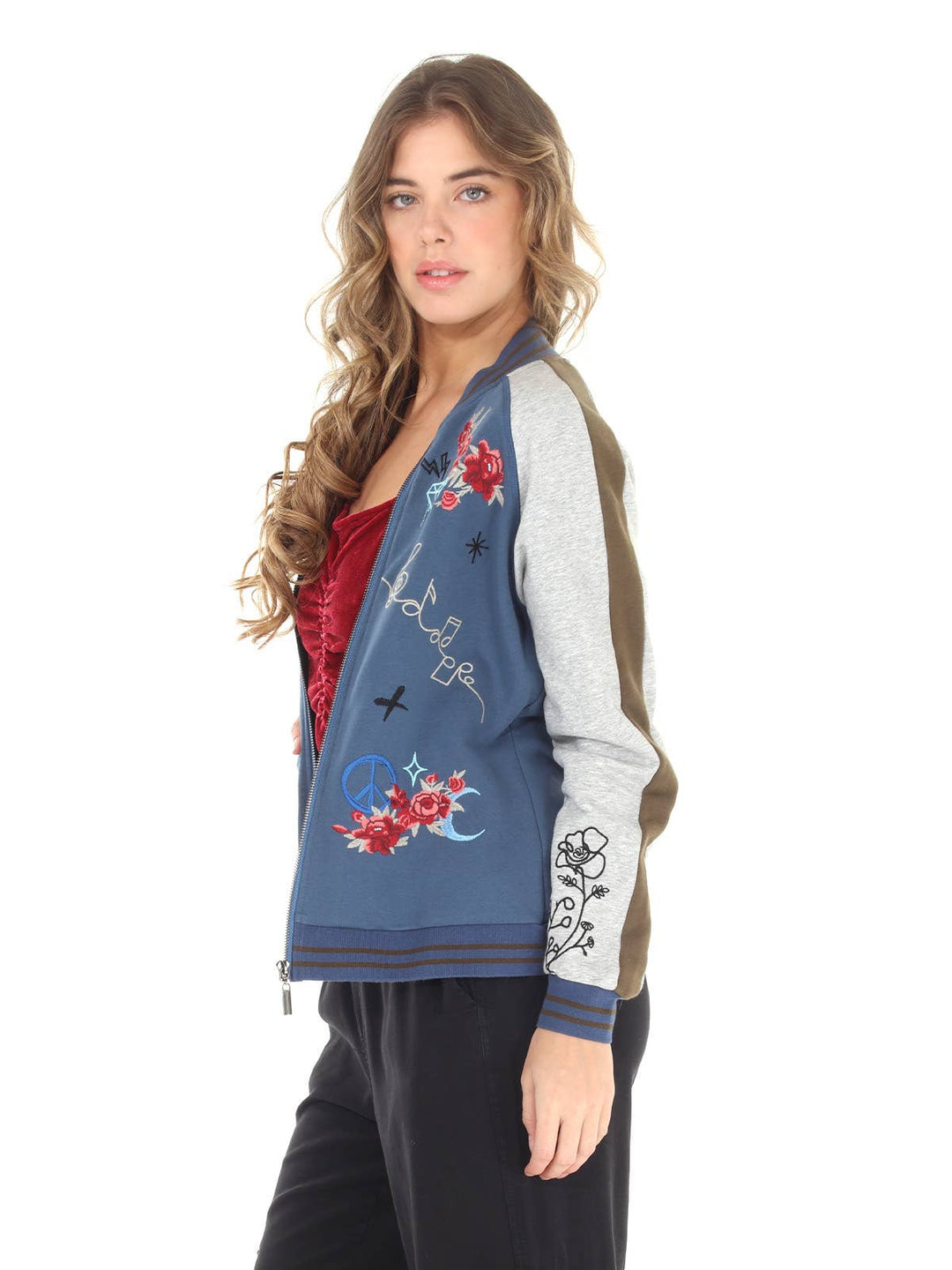 4512-MAJ  French Terry Retro Ebroidered Baseball Jacket: Steel Blue /S