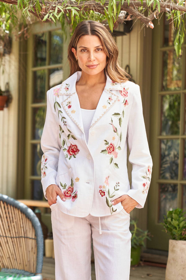 Embroidered Linen Blazer: White / L