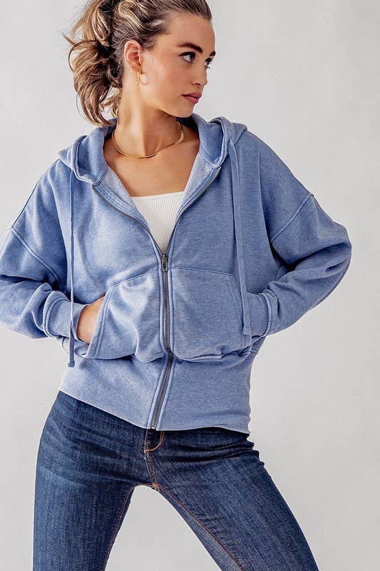 WASHED ZIP UP HOODIE JKT: BLUE FOG