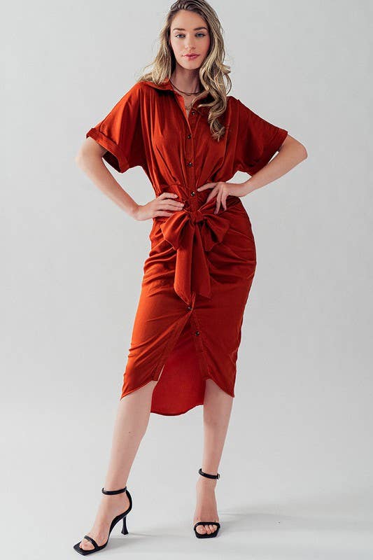 WAIST TIE BELT MIDI SHIRT DRESS: TEAL