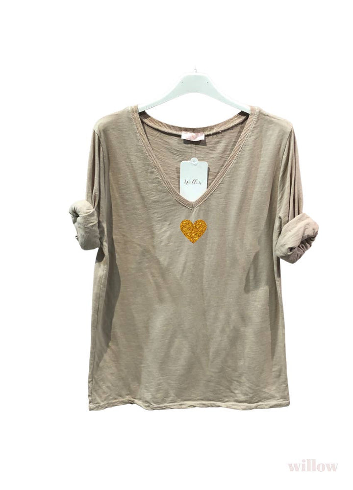 Gold heart long sleeve lurex collar top: Beige