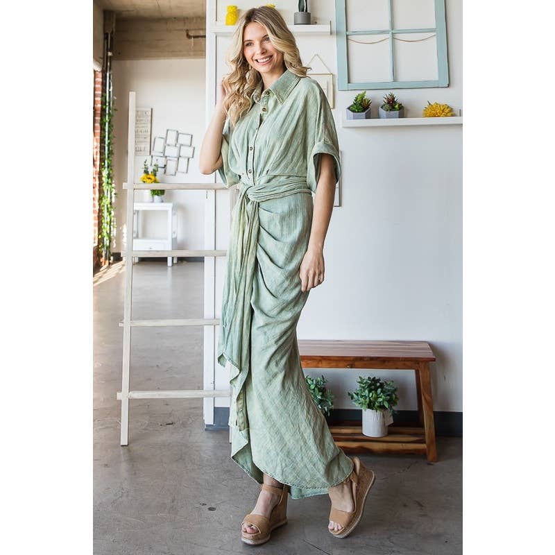 TIE WAIST BUTTON DOWN SHIRT DRESS; NATRL