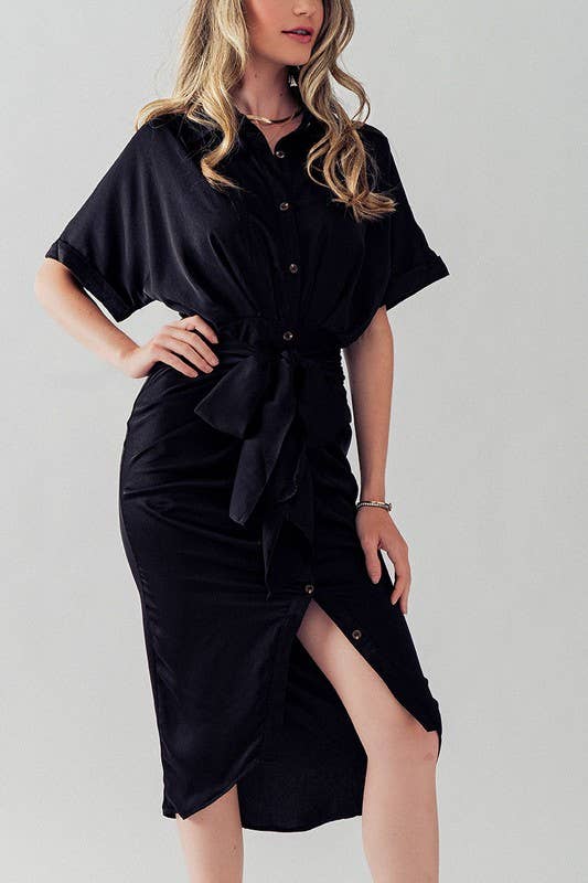 WAIST TIE BELT MIDI SHIRT DRESS: TEAL
