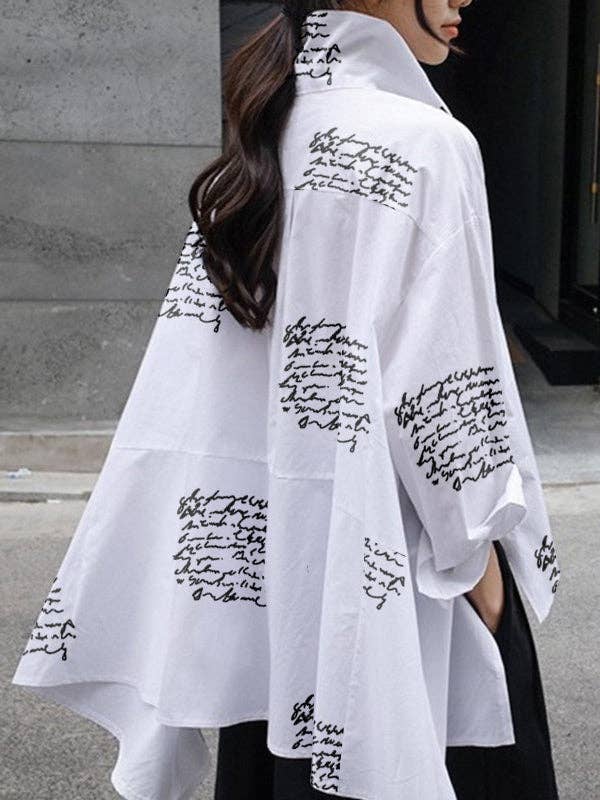 Letter Print Blouse: WHITE / XL