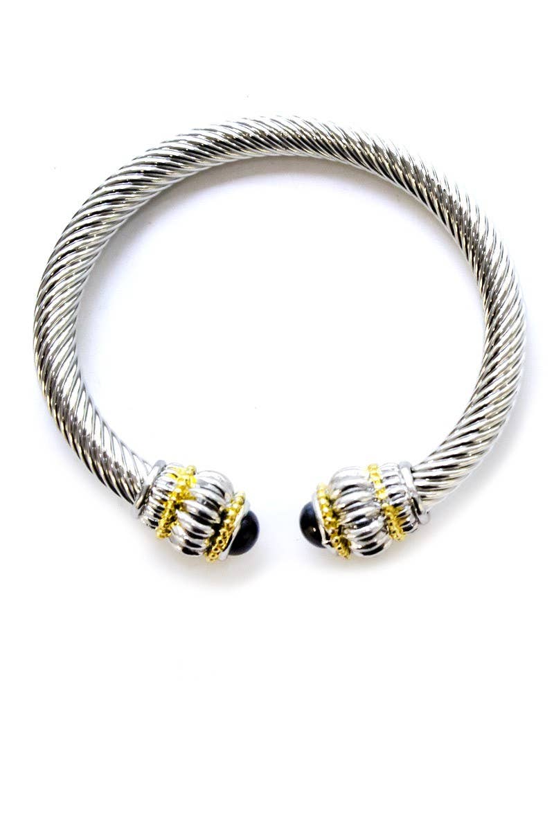 Two Tone Bangle Cuff Bracelet: Silver / Pearl