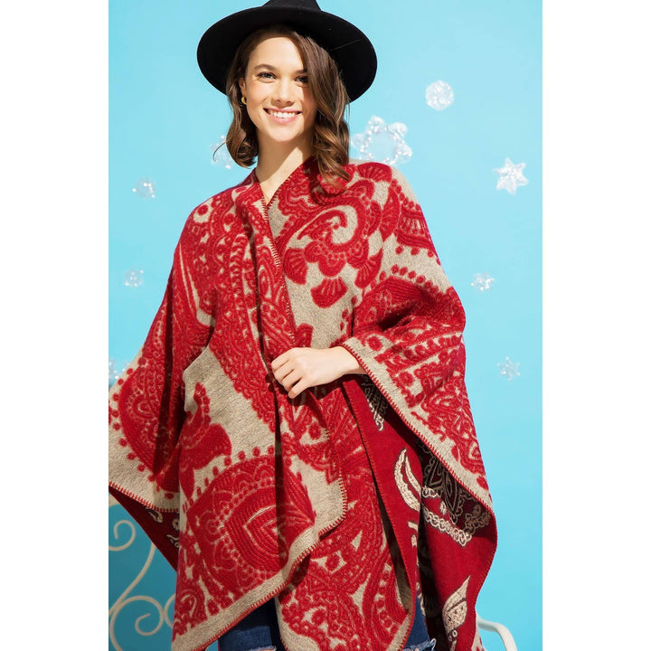 REVERSIBLE FLORAL JACQUARD PONCHO: Red / Black / ONE SIZE