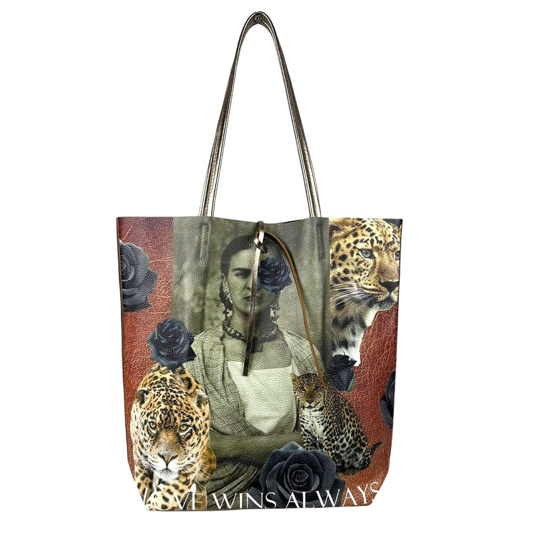 Leather Shopper Bag with Frida Kahlo: Blue