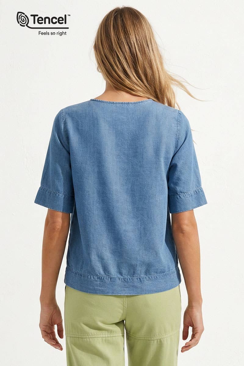 V-Neck Band Blouse: Dark Blue / L