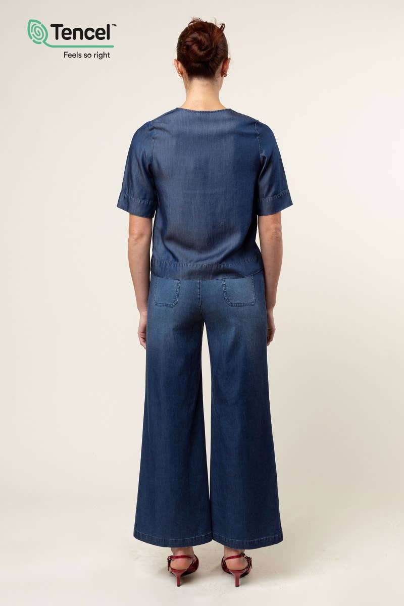 V-Neck Band Blouse: Dark Blue / L