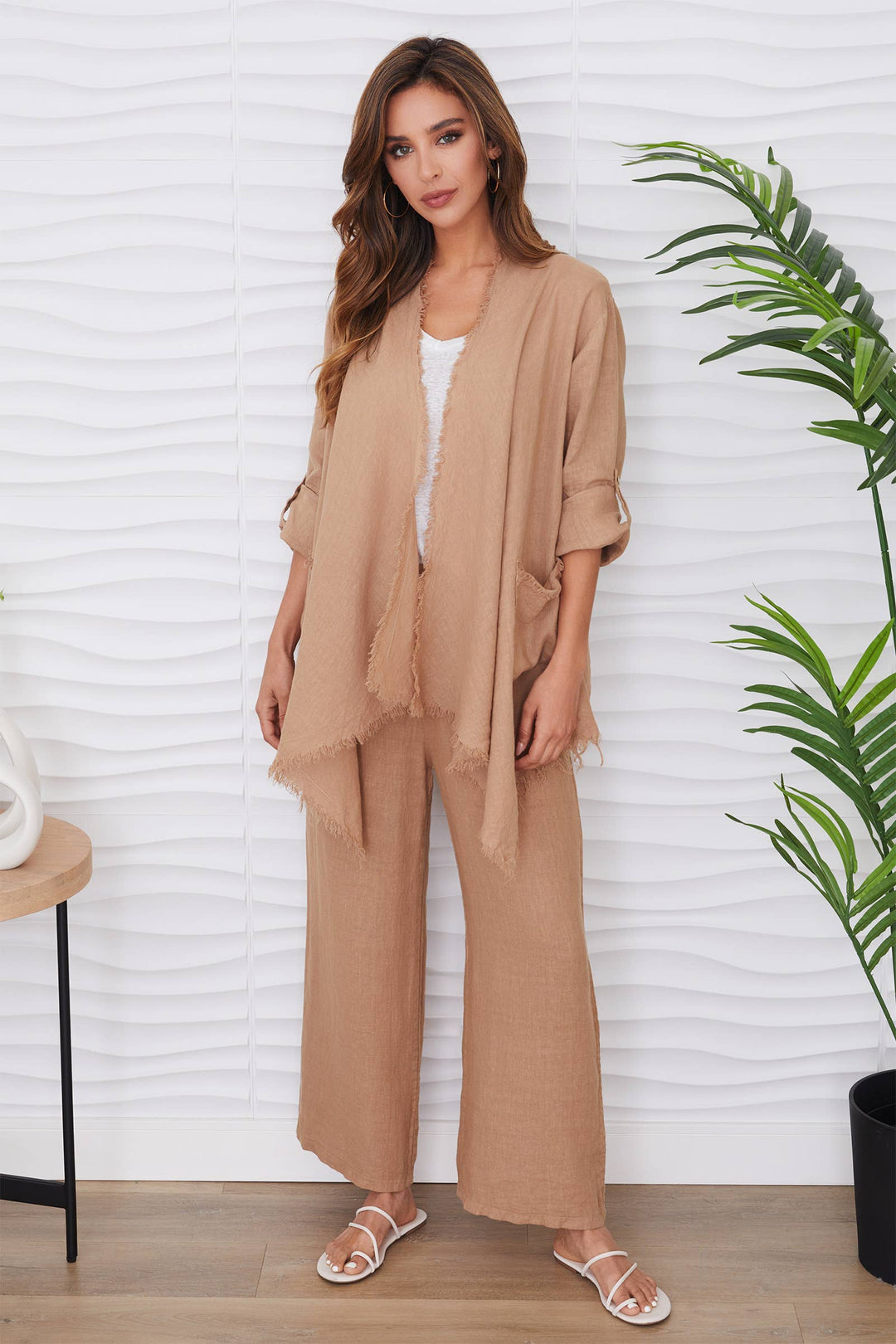 LINEN ASYMMETRICAL CARDI Beige / M
