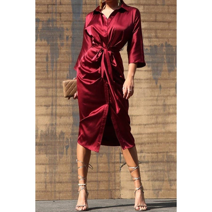 SATIN DRESS WITH WAIST TIE: TEAL / S