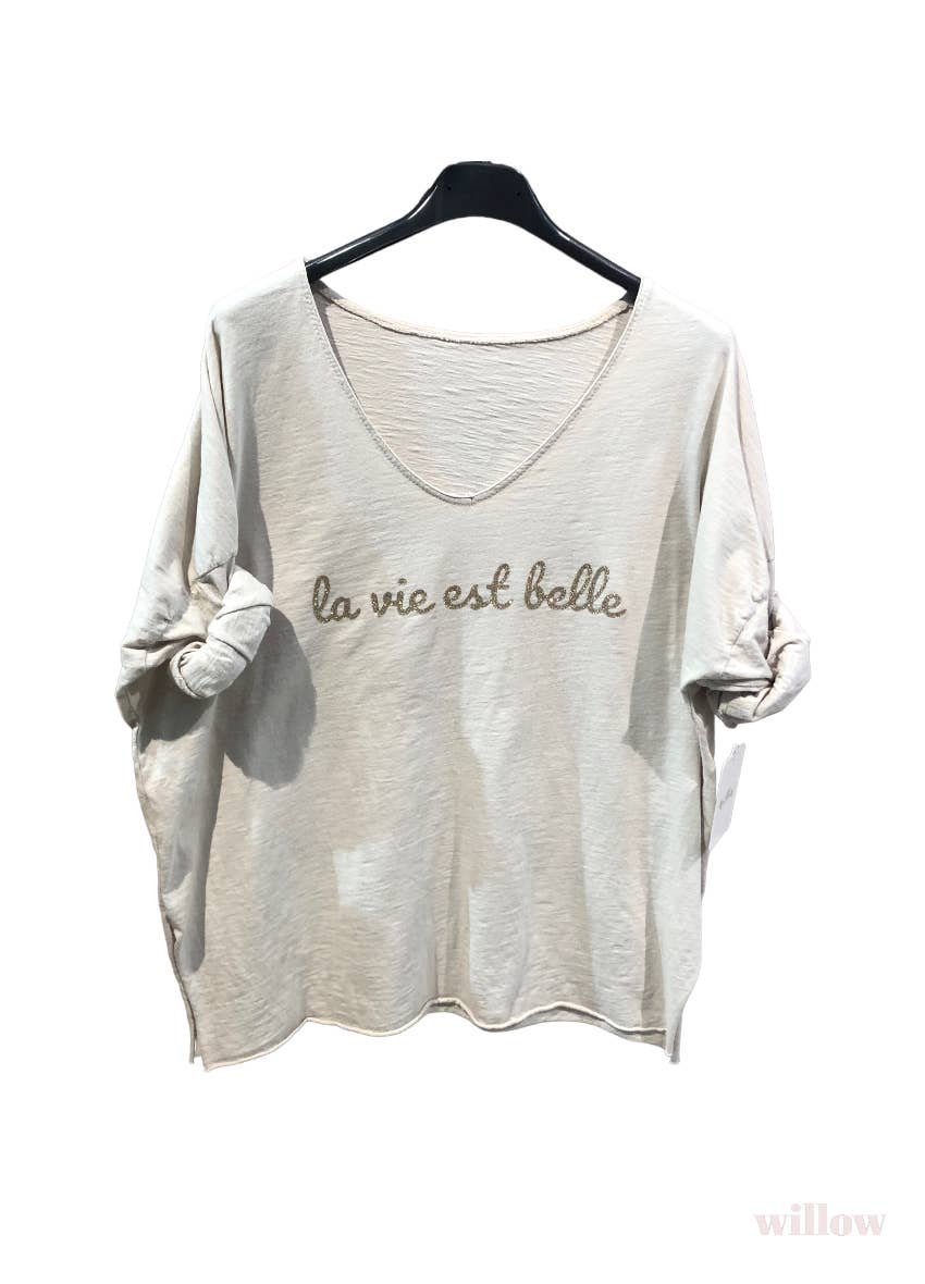 “Life is beautiful” cotton t-shirt: Camel