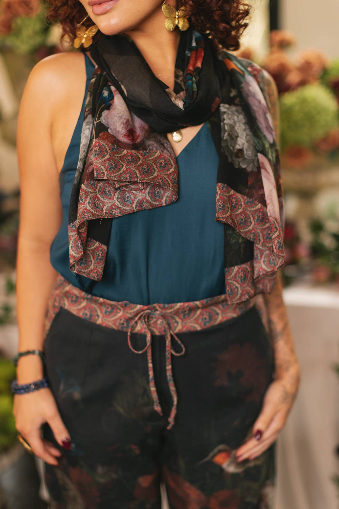 Floral Scarf with Hummingbirds Print