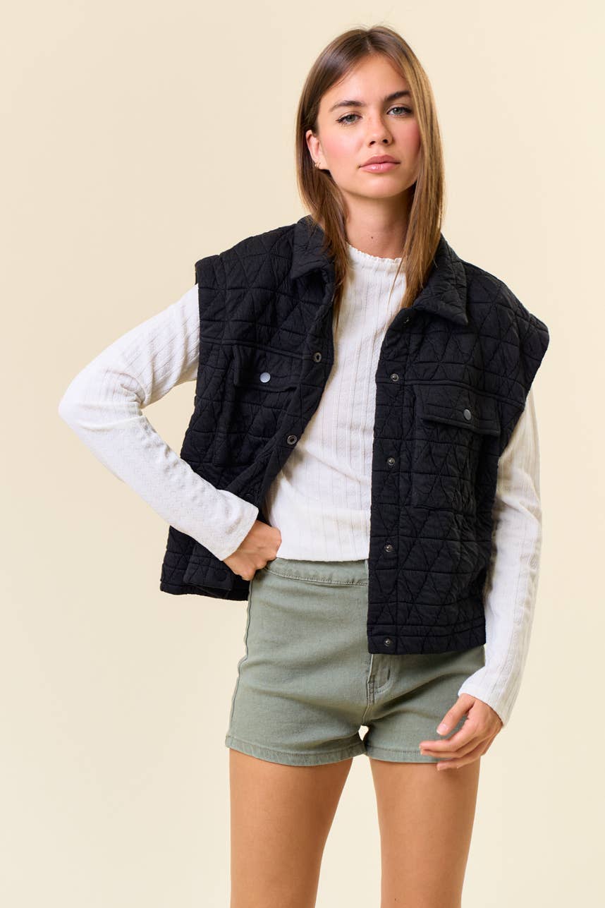 Doe and Rae - QUILTED POINT COLLAR FLAP PATCHED POCKET VEST - 10626J-1: OAT / S
