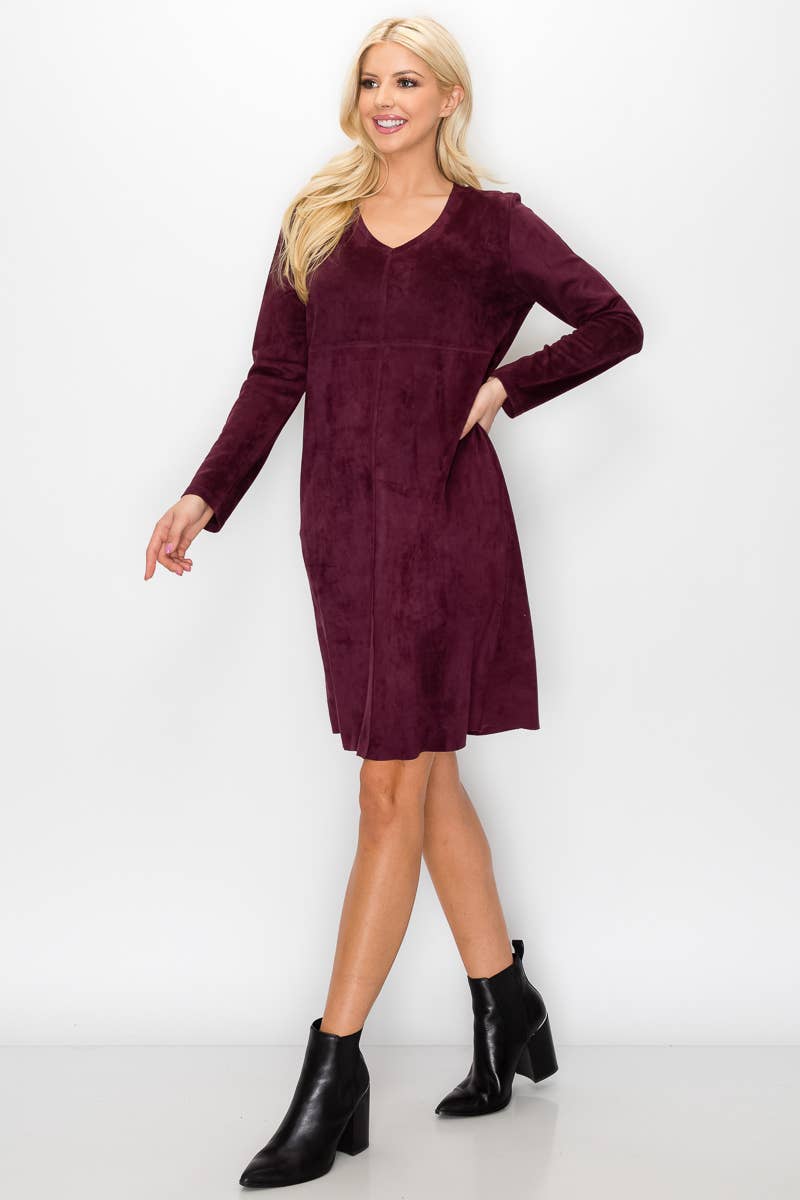 Aurora V-Neck Suede Dress: MAHOGANY / L / 2059V
