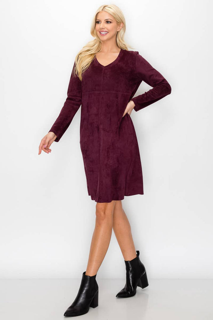 Aurora V-Neck Suede Dress: MAHOGANY / L / 2059V