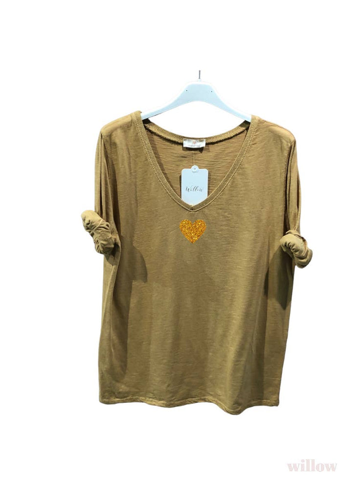 Gold heart long sleeve lurex collar top: Navy
