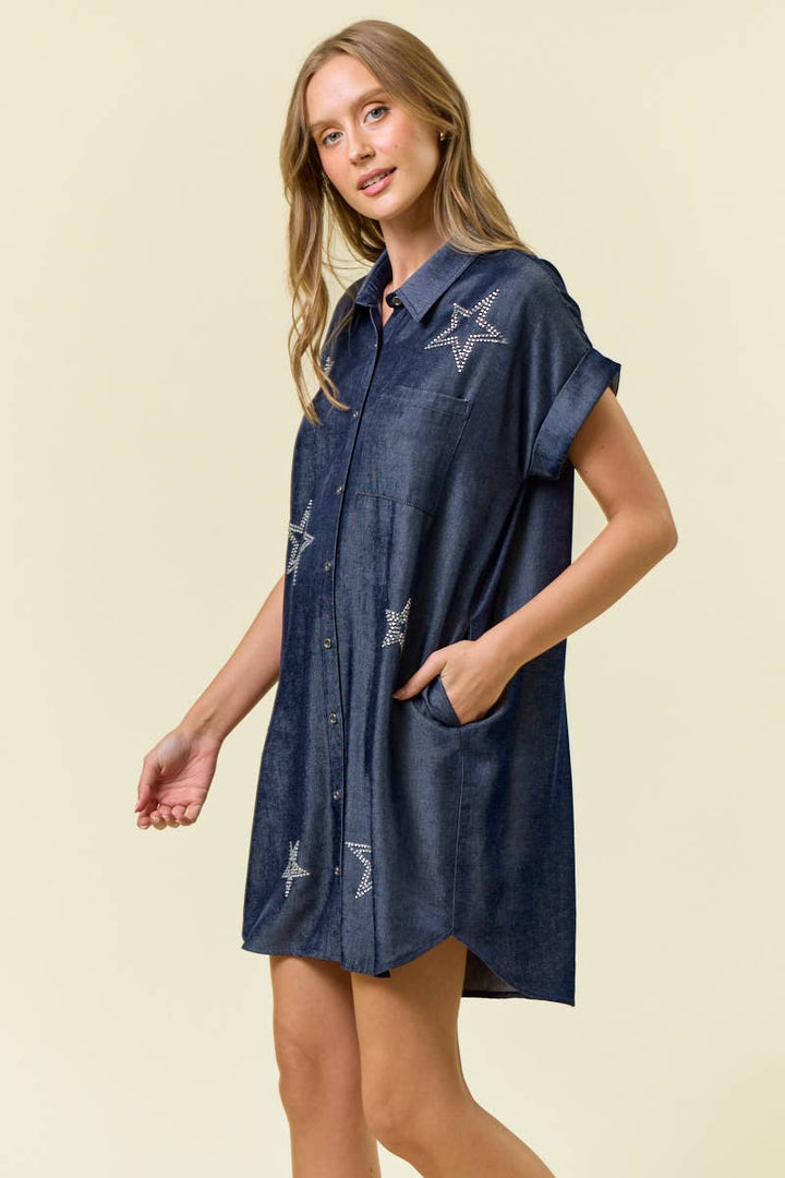 Doe and Rae - STAR STUDDED TENCEL SHIRT DRESS - 28102D: INDIGO / S