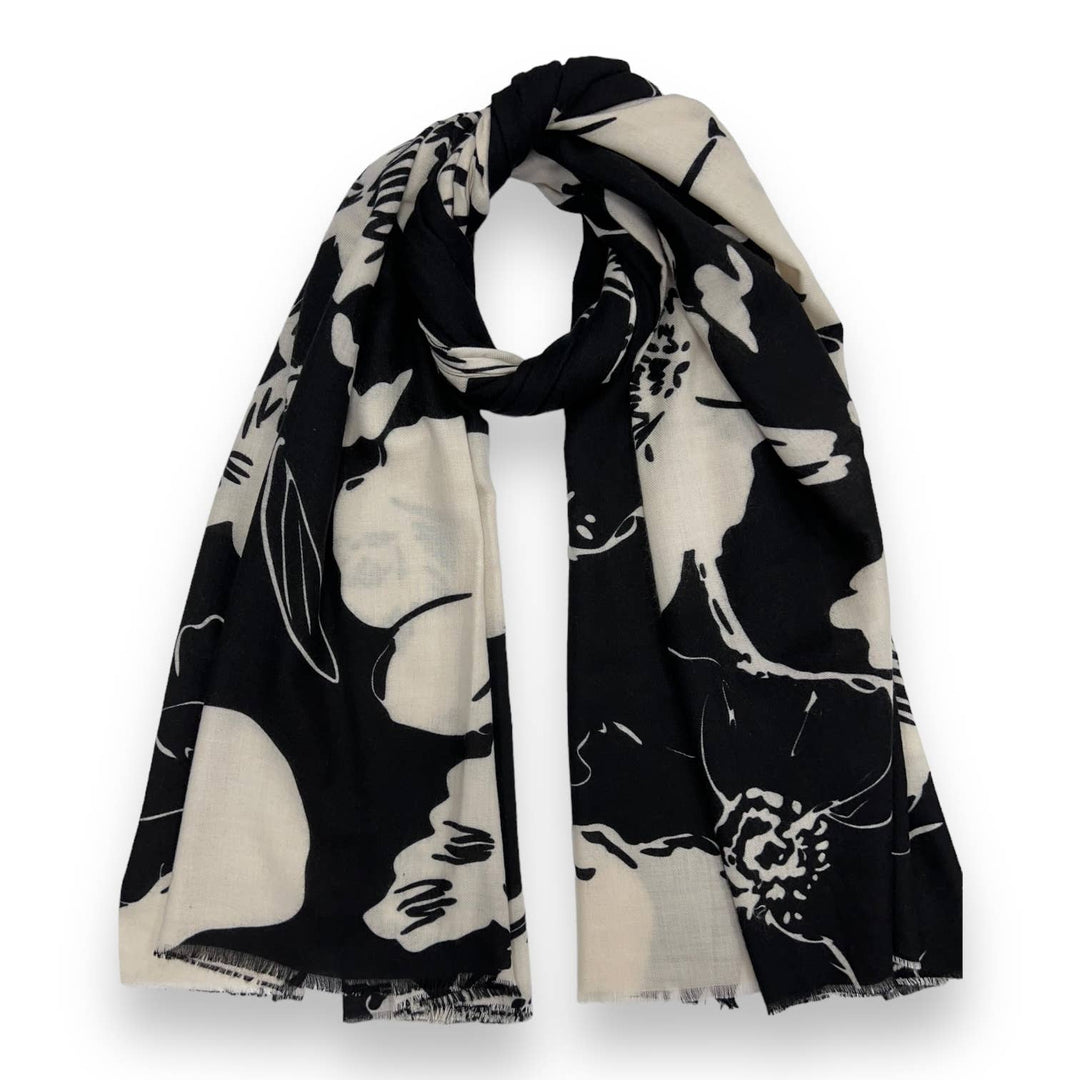 Flower sketch scarf: Black - Cream