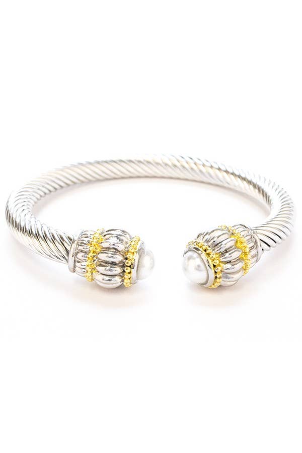 Two Tone Bangle Cuff Bracelet: Silver / Pearl