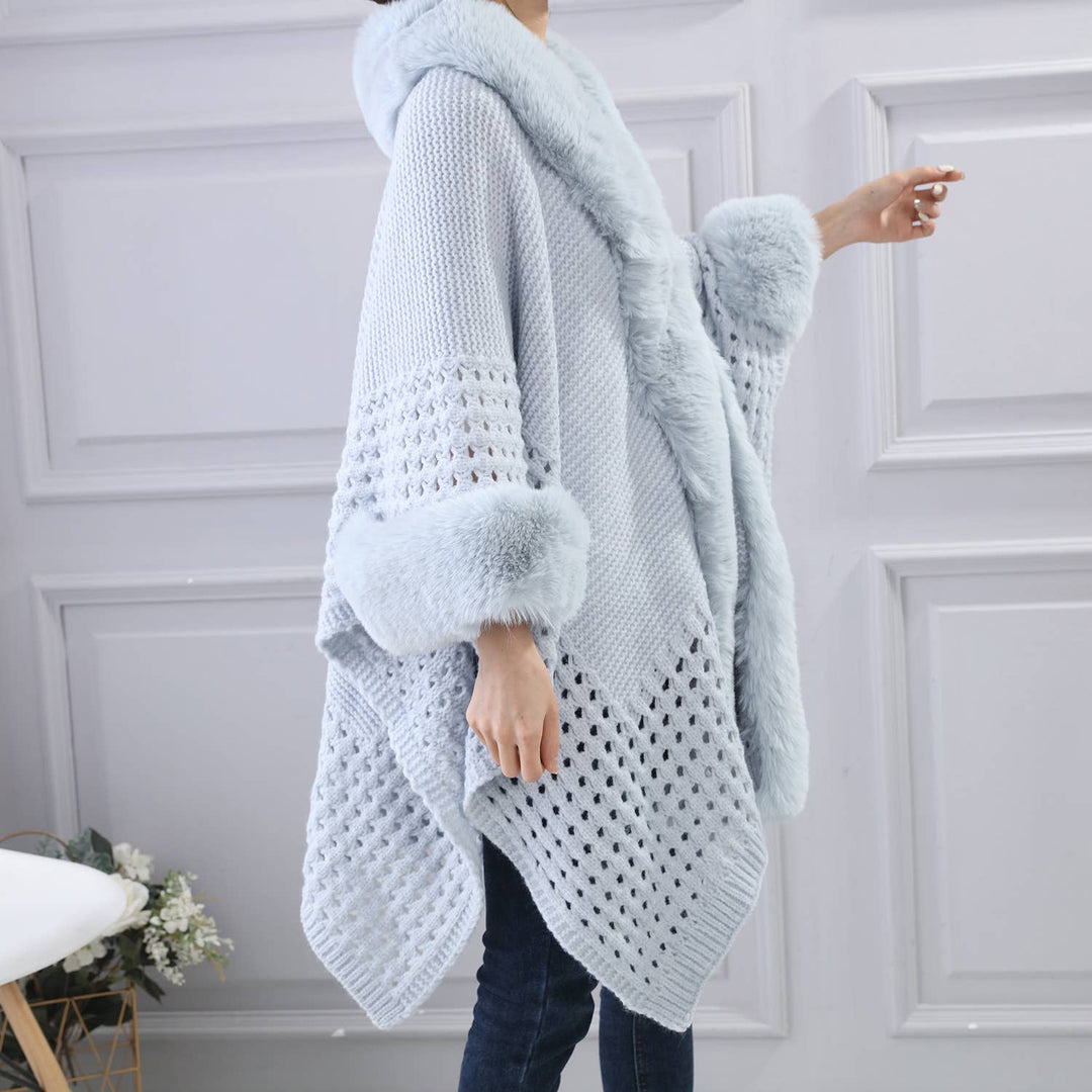 PE364 Hand knitted crochet  fur trim cape: Blush