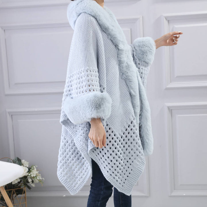 PE364 Hand knitted crochet fur trim cape: Black