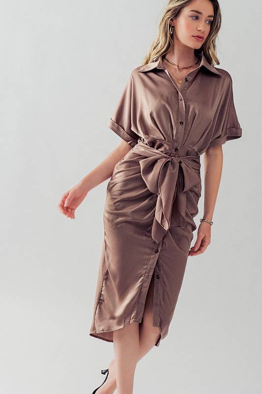 WAIST TIE BELT MIDI SHIRT DRESS: TEAL