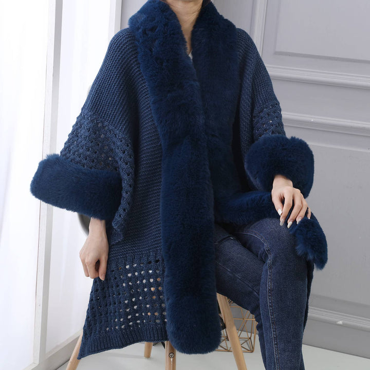 PE364 Hand knitted crochet fur trim cape: Black