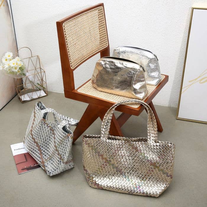 PEACH ACCESSORIES - 60262  Bag in Bag Large Weave tote bag: Silver