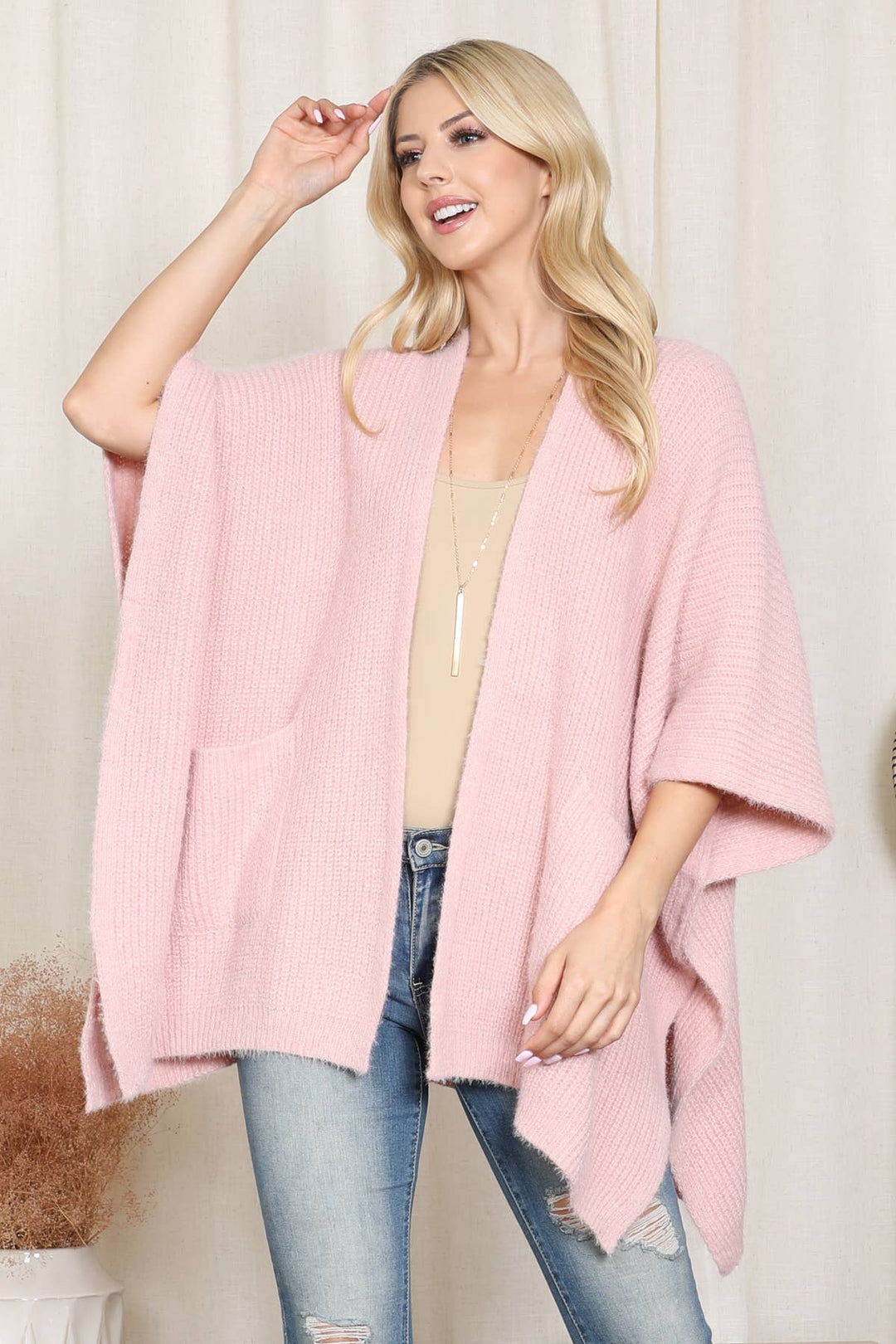 KNIT SOLID WITH POCKET KIMONO: Black