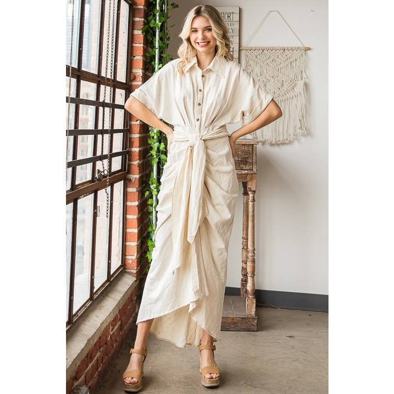 TIE WAIST BUTTON DOWN SHIRT DRESS: MINT