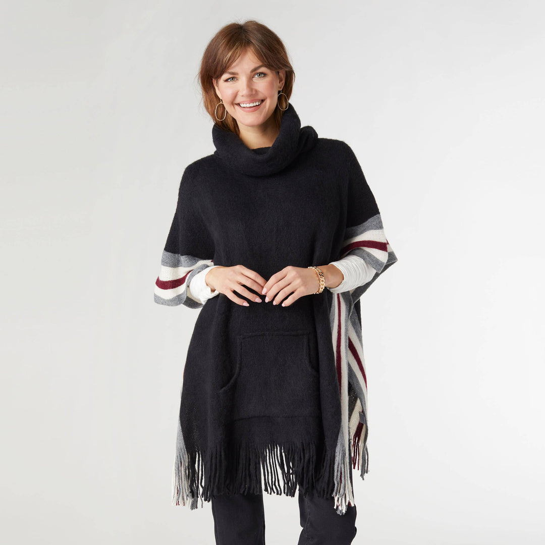 Poncho with Border Stripes: Grey / One Size