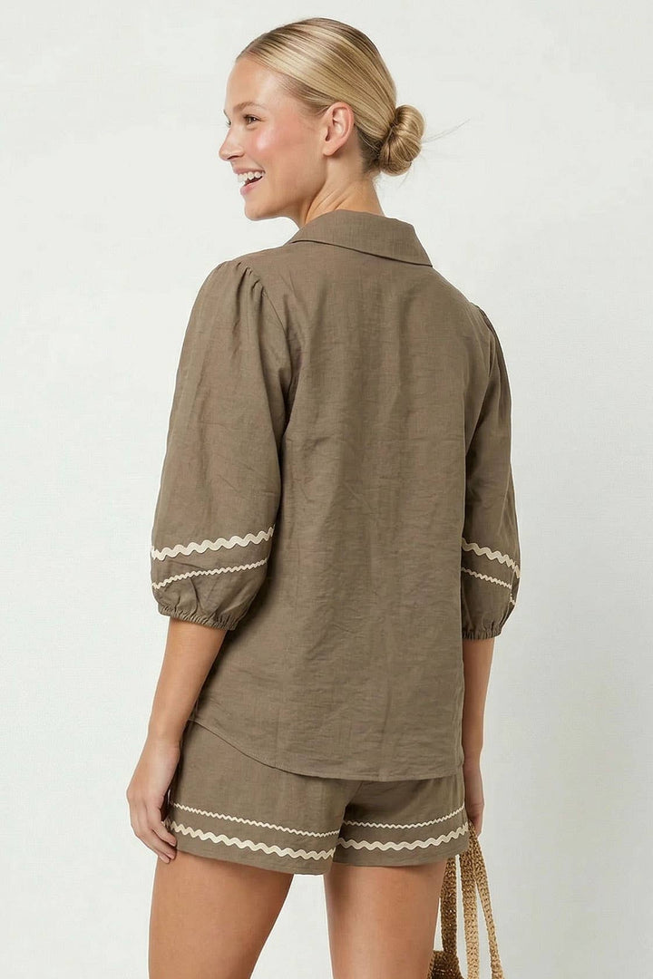 Puff Sleeve Linen Blouse: Red / M