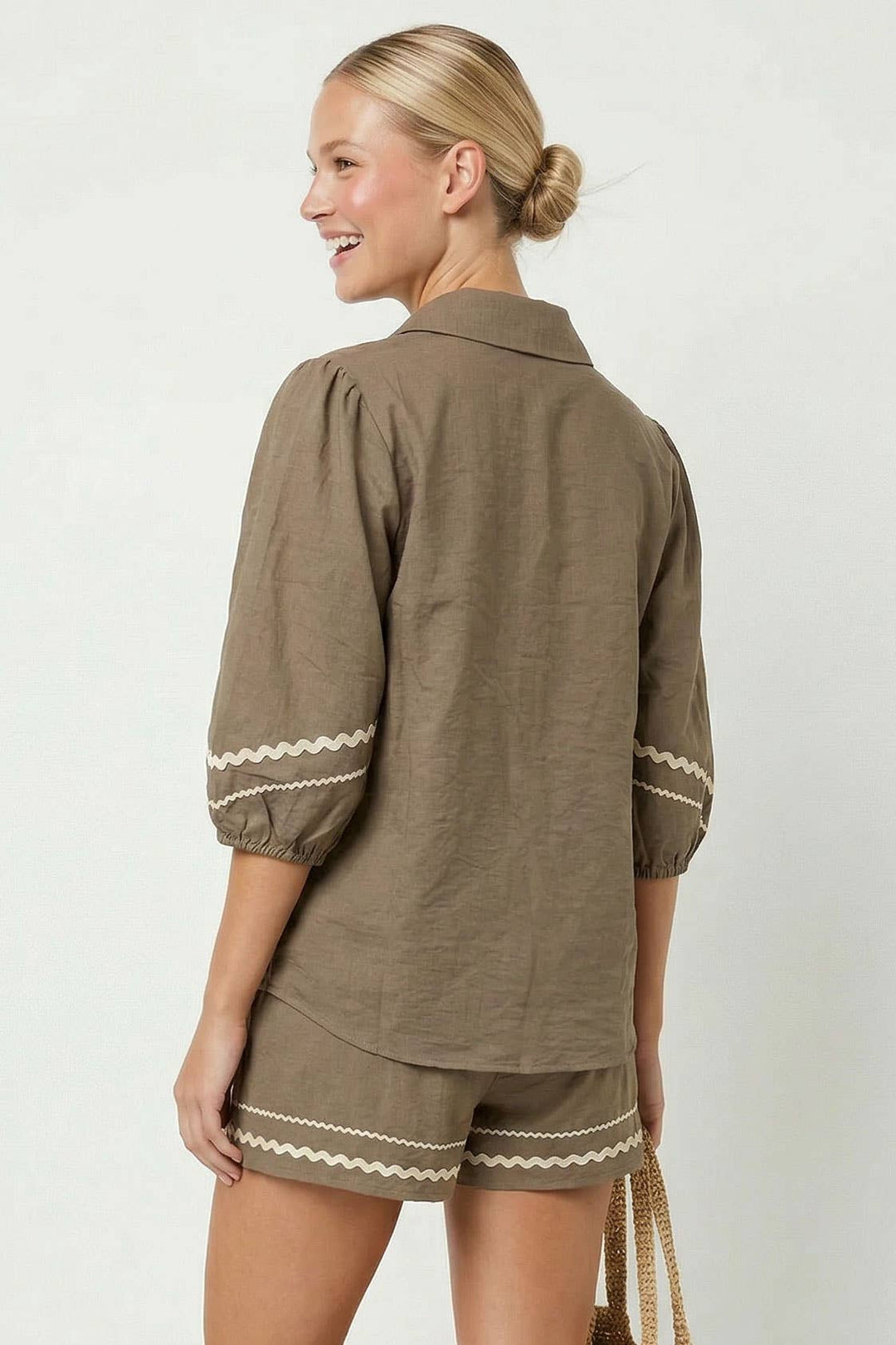 Puff Sleeve Linen Blouse: Red / S