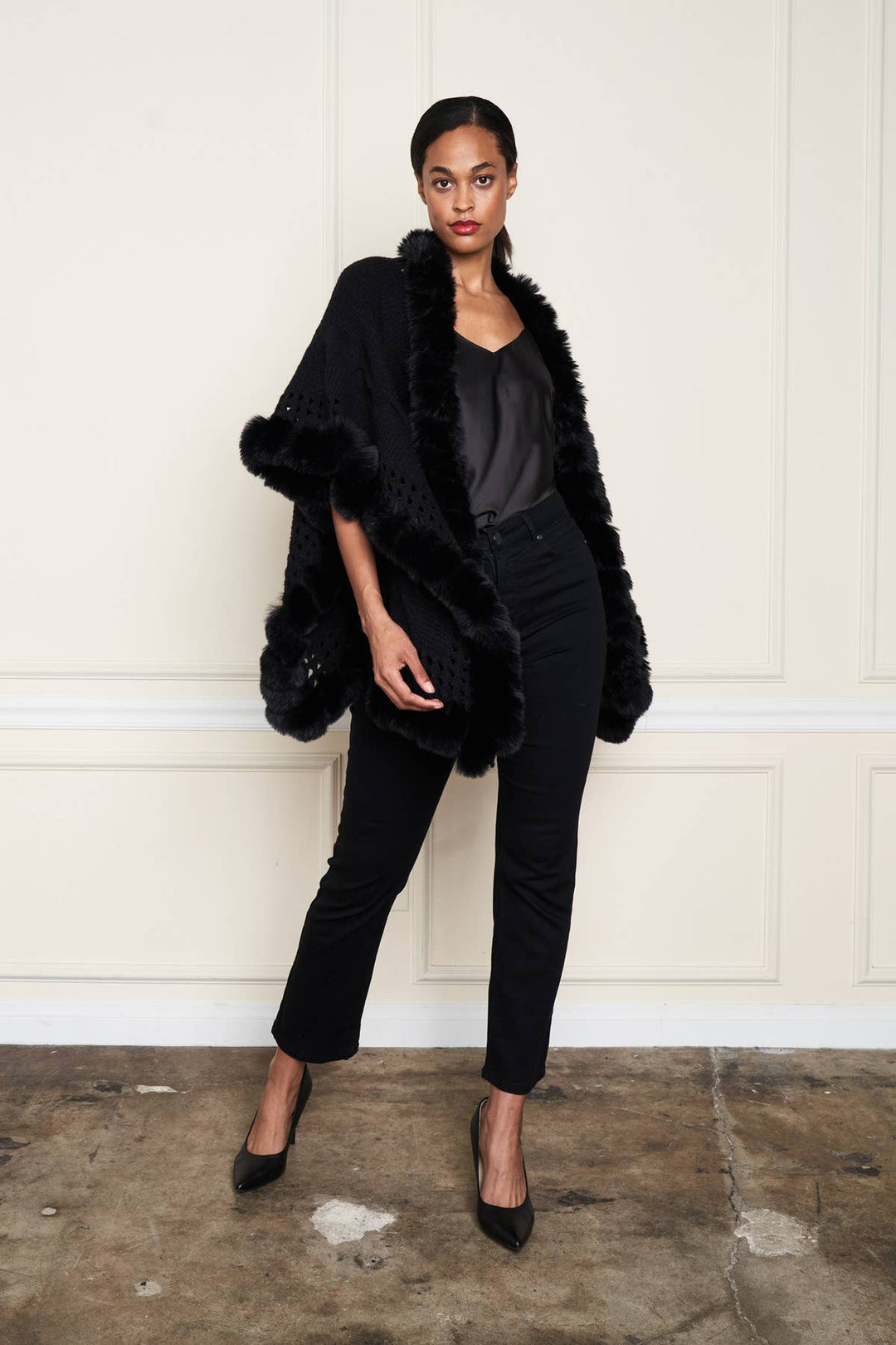 Faux Fur Trim Wrap: Wine