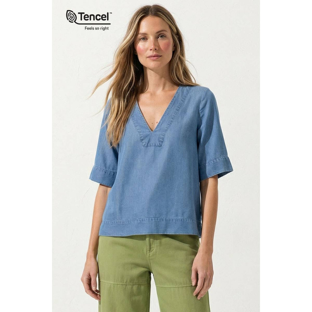 V-Neck Band Blouse: Dark Blue / M