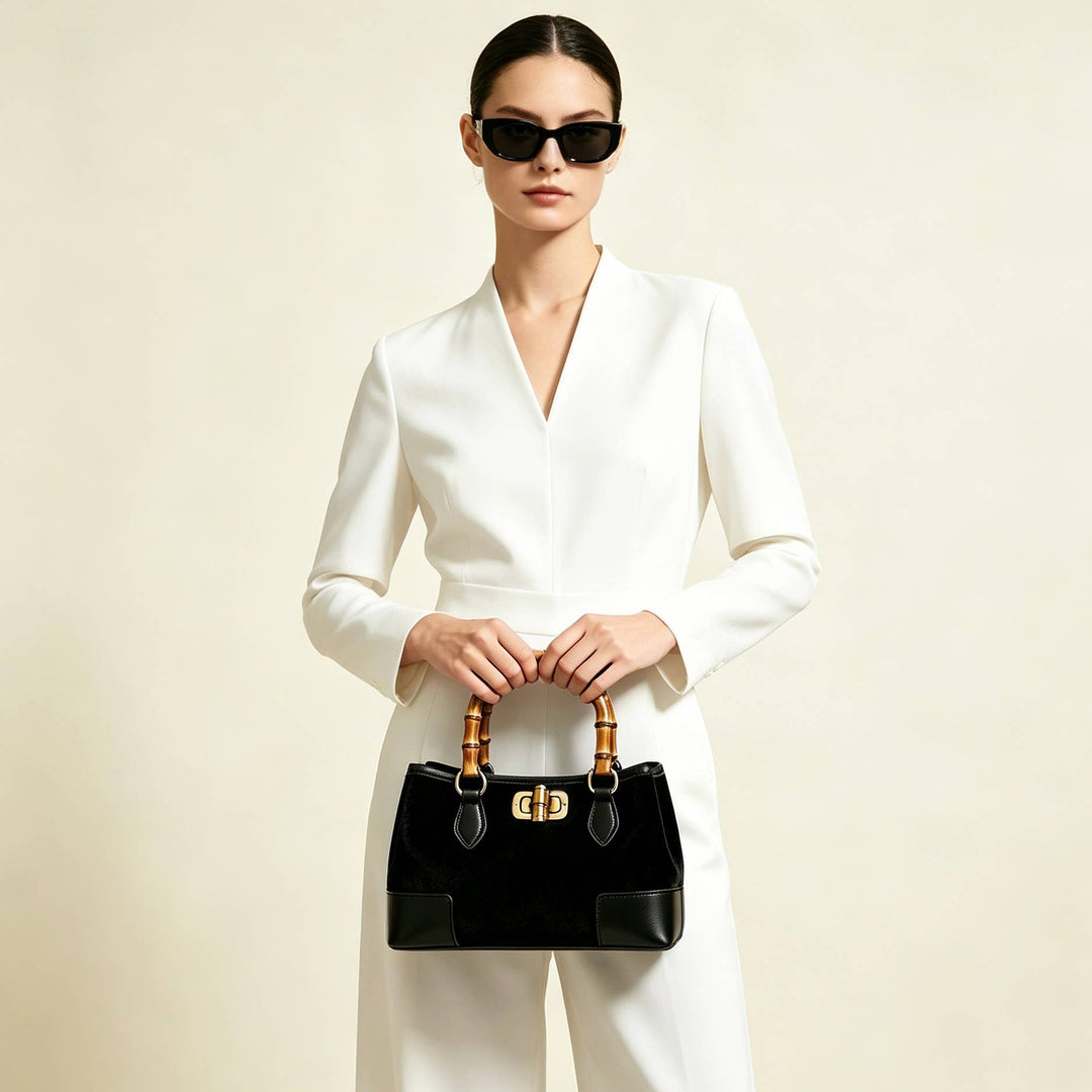 Suede Bag with leather bamboo handles: Cuoio