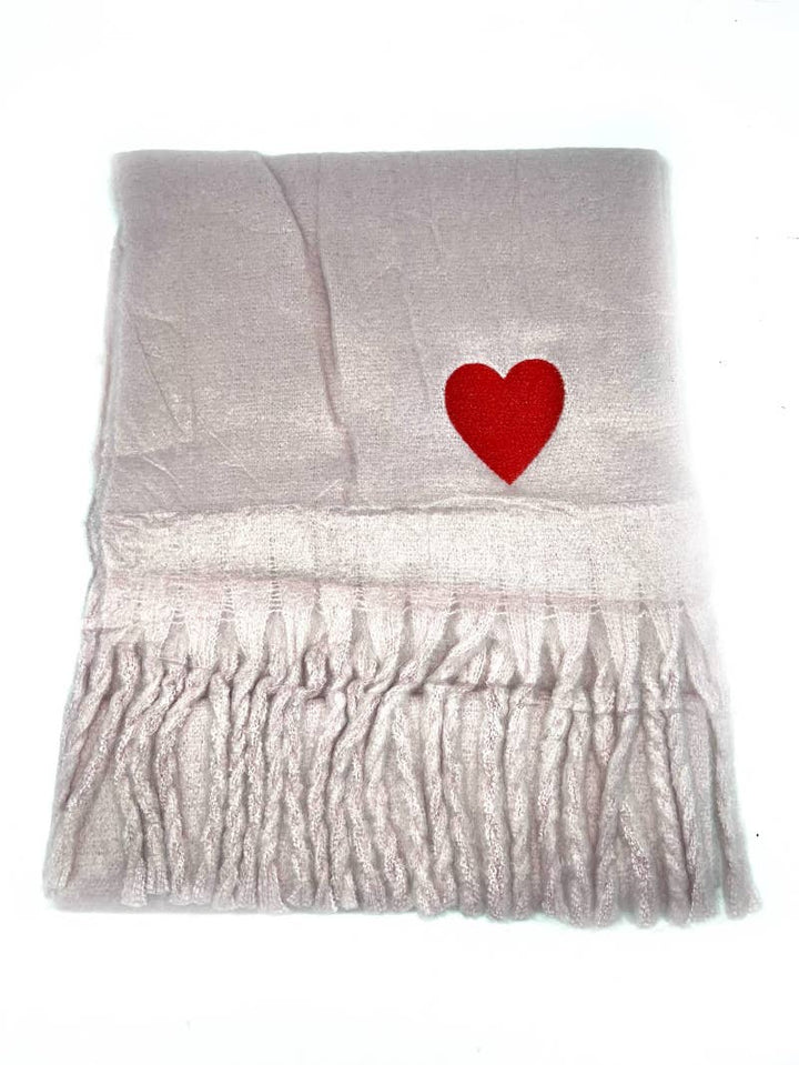 Big fringe scarf with embroidered heart : White