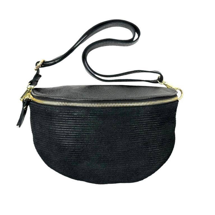 Large Suede and Leather Waist Bag: Taupe