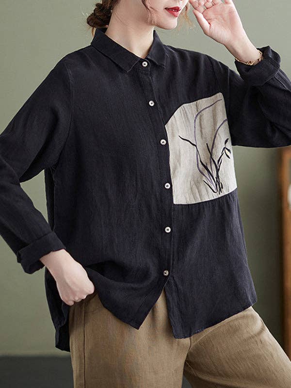 Loose Embroidered Shirts: BLACK / M