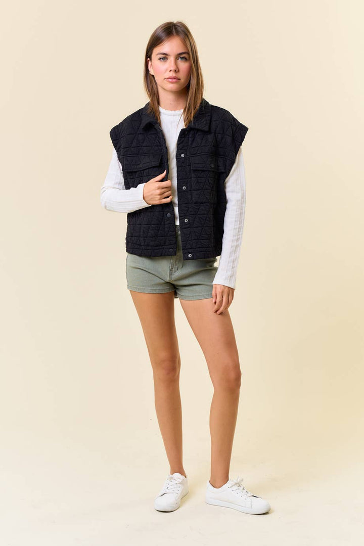 Doe and Rae - QUILTED POINT COLLAR FLAP PATCHED POCKET VEST - 10626J-1: OAT / L