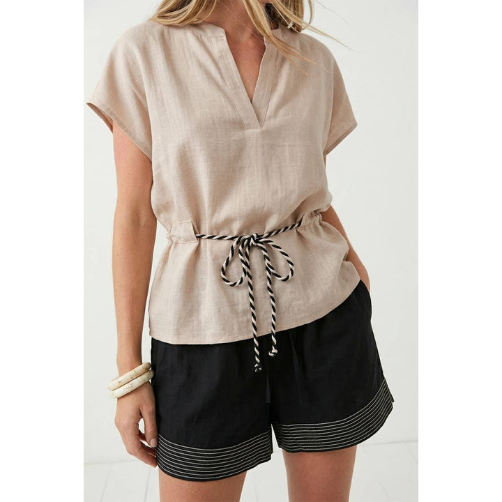 Rope Tie Waist Top: Taupe / S