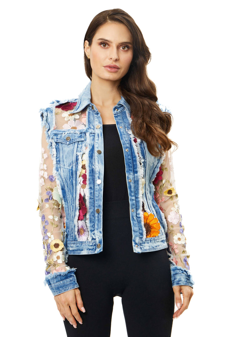 Denim Lace Jacket with Floral Embroidery: M
