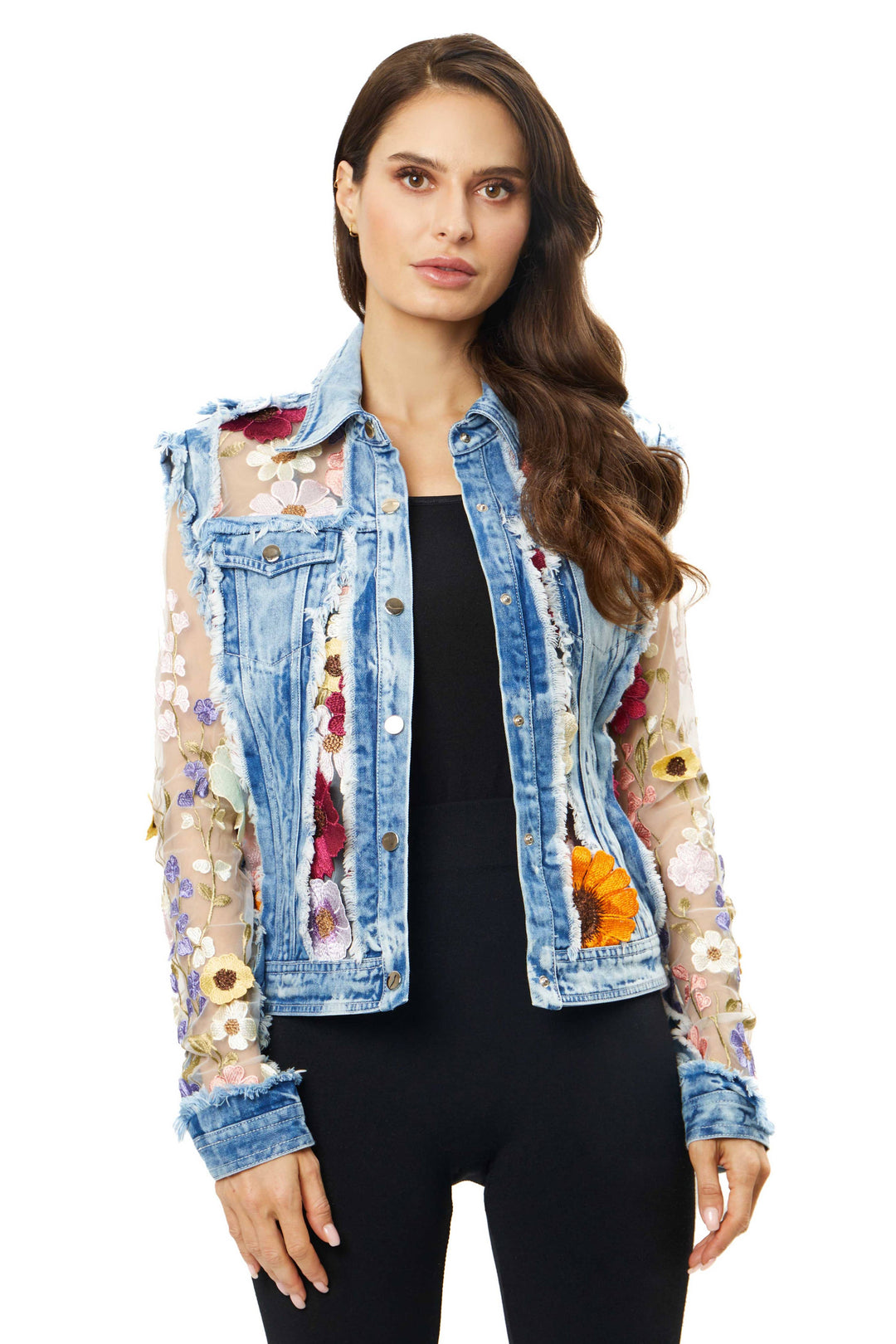 Denim Lace Jacket with Floral Embroidery: S