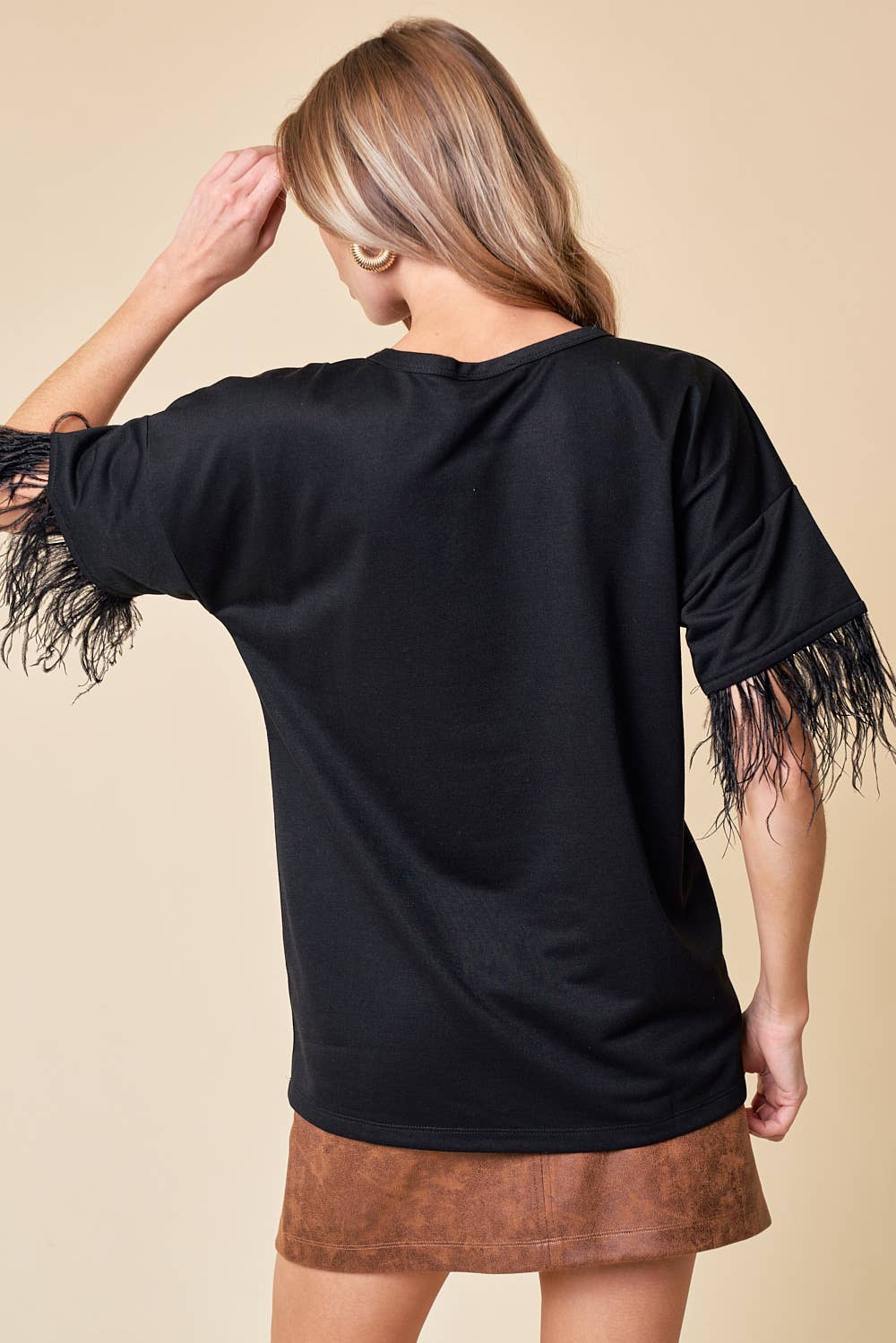 Top With Feather Trim - 13699T: Black / L