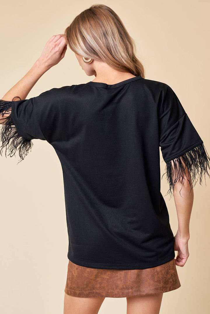 Top With Feather Trim - 13699T: Black / L