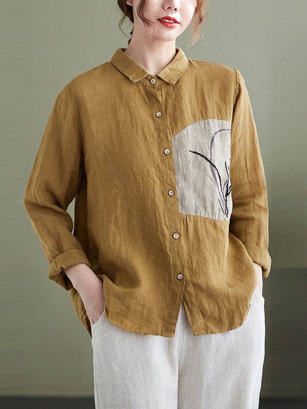 Embroidered Lapel Tops: APRICOT / XL