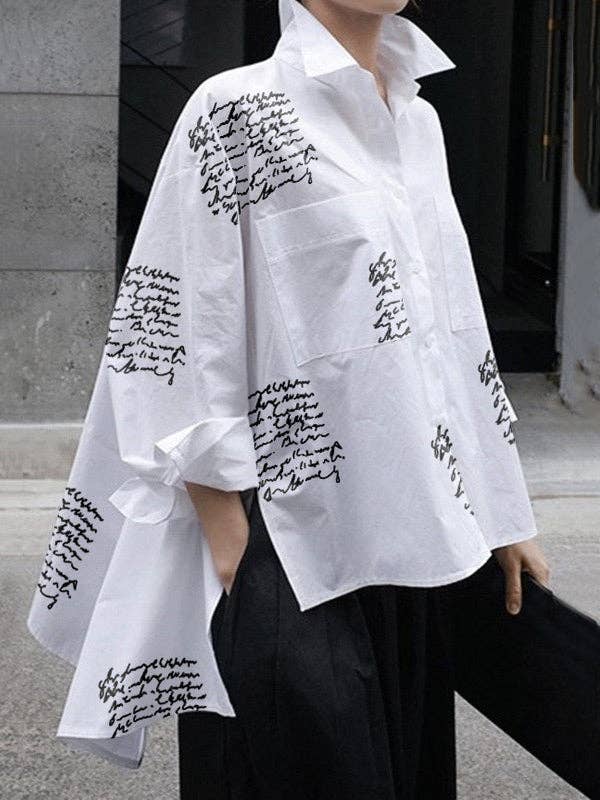 Letter Print Blouse: WHITE / M
