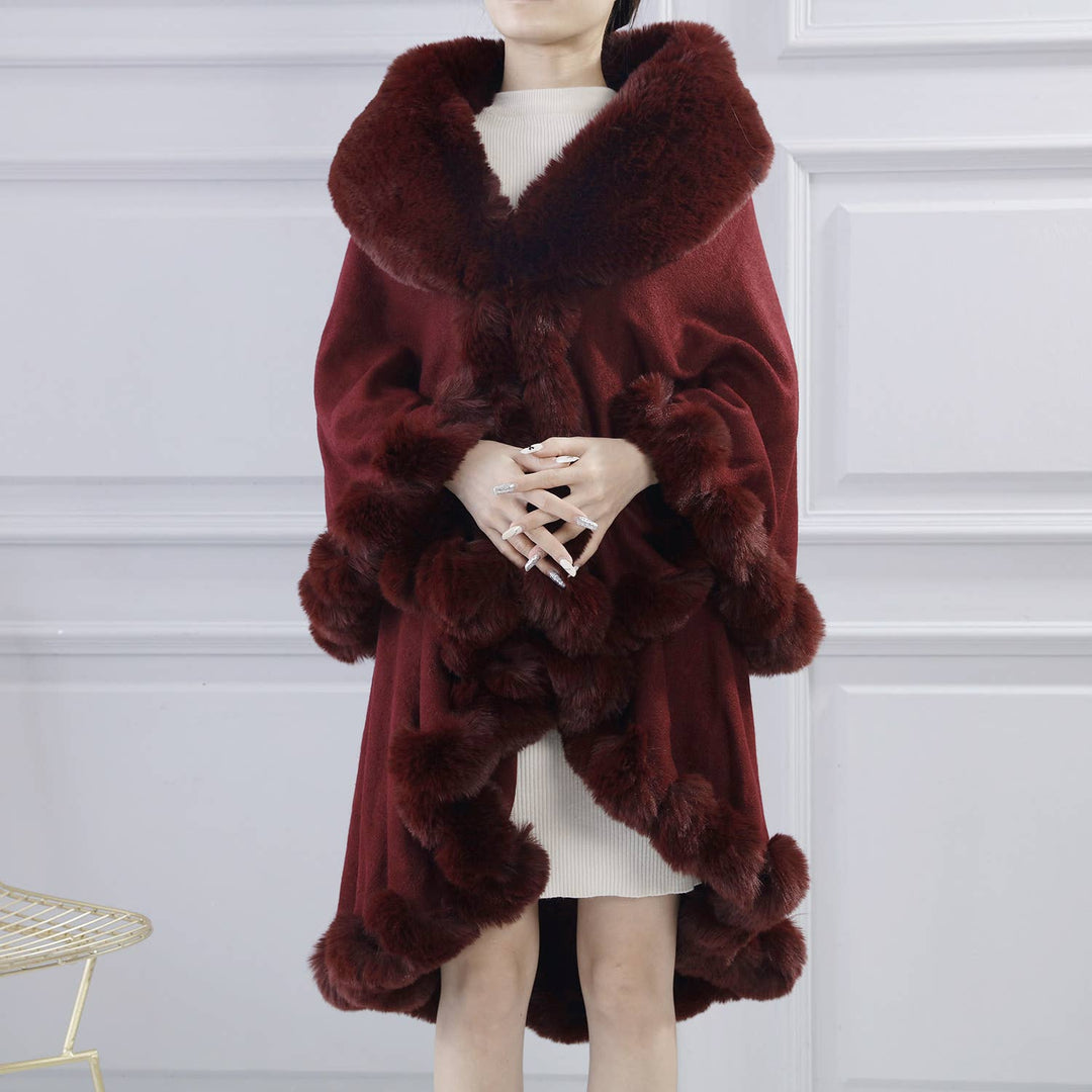 PE371 Double layer fur trimmed capes: Black